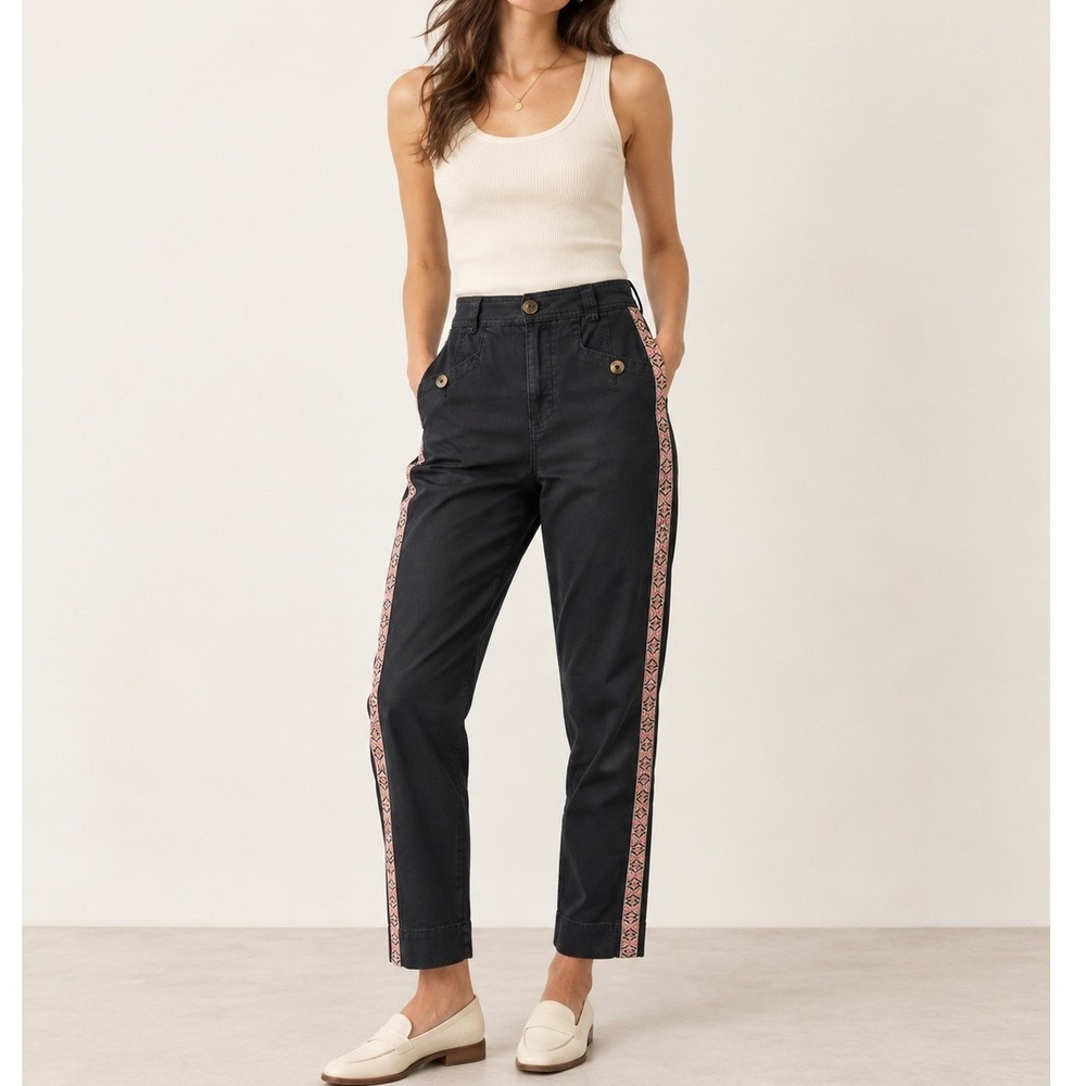 Anthropologie Pants Womens 0 Black High Rise Embroidered Side Stripe Boho
